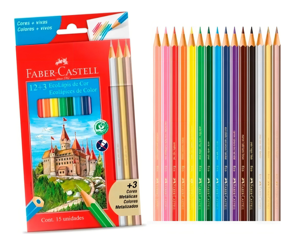 Kit Lápis De Cor Ecolápis 12 Cores + 3 Metálicas - Faber Castell